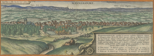 Old decorative map of Mannersdorf, Germany, depicting green trees, scattered houses, rolling hills, and people walking amid ornate text.
