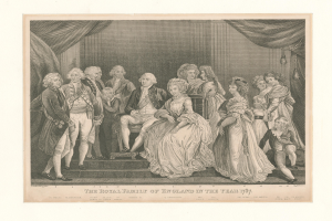 Eine Gruppe von Menschen aus der englischen Königsfamilie im Jahr 1787, die auf einer Treppe mit Vorhängen im Hintergrund angeordnet sind, begleitet von Text unten.