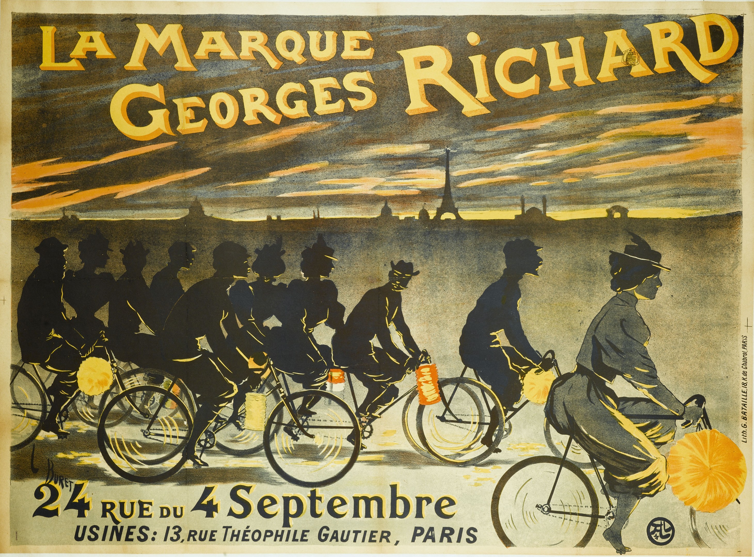 Poster advertising a bicycle race in Paris, France, featuring cyclists with the Eiffel Tower in the background and text describing the event.