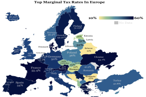 Eine Europakarte mit Farben, die die Spitzensätze der Einkommensteuer in jedem Land anzeigen, und der Überschrift "Spitzensätze der Einkommensteuer in Europa" oben.