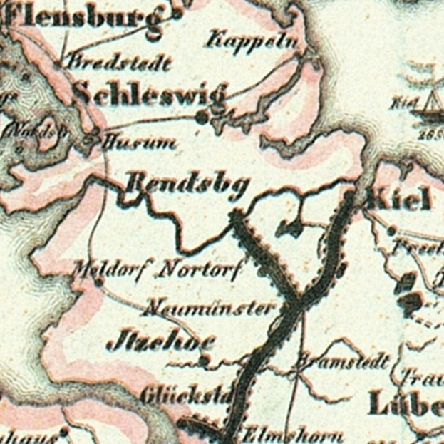 Detailed old map of Schleswig-Holstein showing streets, buildings, and landmarks with additional text about population, roads, and notable features.