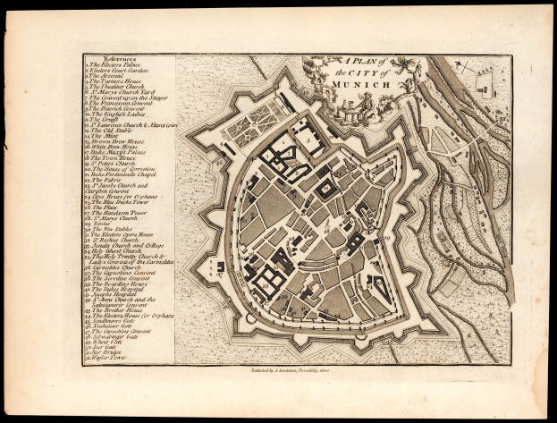 Detailed old map of Munich, Germany, with streets, buildings, and landmarks on a black background, including text labels for locations.