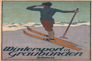 Ein Plakat, das einen Wintersport in Graubünden, Schweiz, zeigt, auf dem eine Person auf Skiern mit einem Stock zu sehen ist, vor einer schneebedeckten Bergkulisse und mit Text.