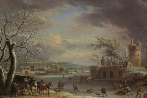 Winterlandschaft mit Menschen, die auf einem zugefrorenen Fluss Schlittschuh laufen, umgeben von Bäumen, Gebäuden, Hügeln und Wolken, mit Tieren und Karren in der Szene.