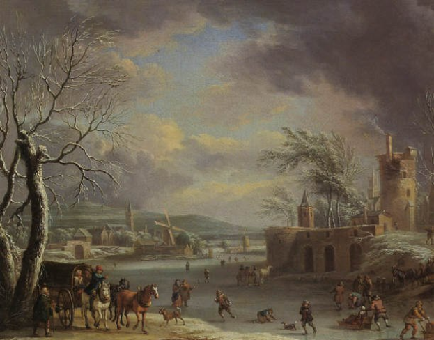 Winterlandschaft mit Menschen, die auf einem zugefrorenen Fluss Schlittschuh laufen, umgeben von Bäumen, Gebäuden, Hügeln und Wolken, mit Tieren und Karren in der Szene.