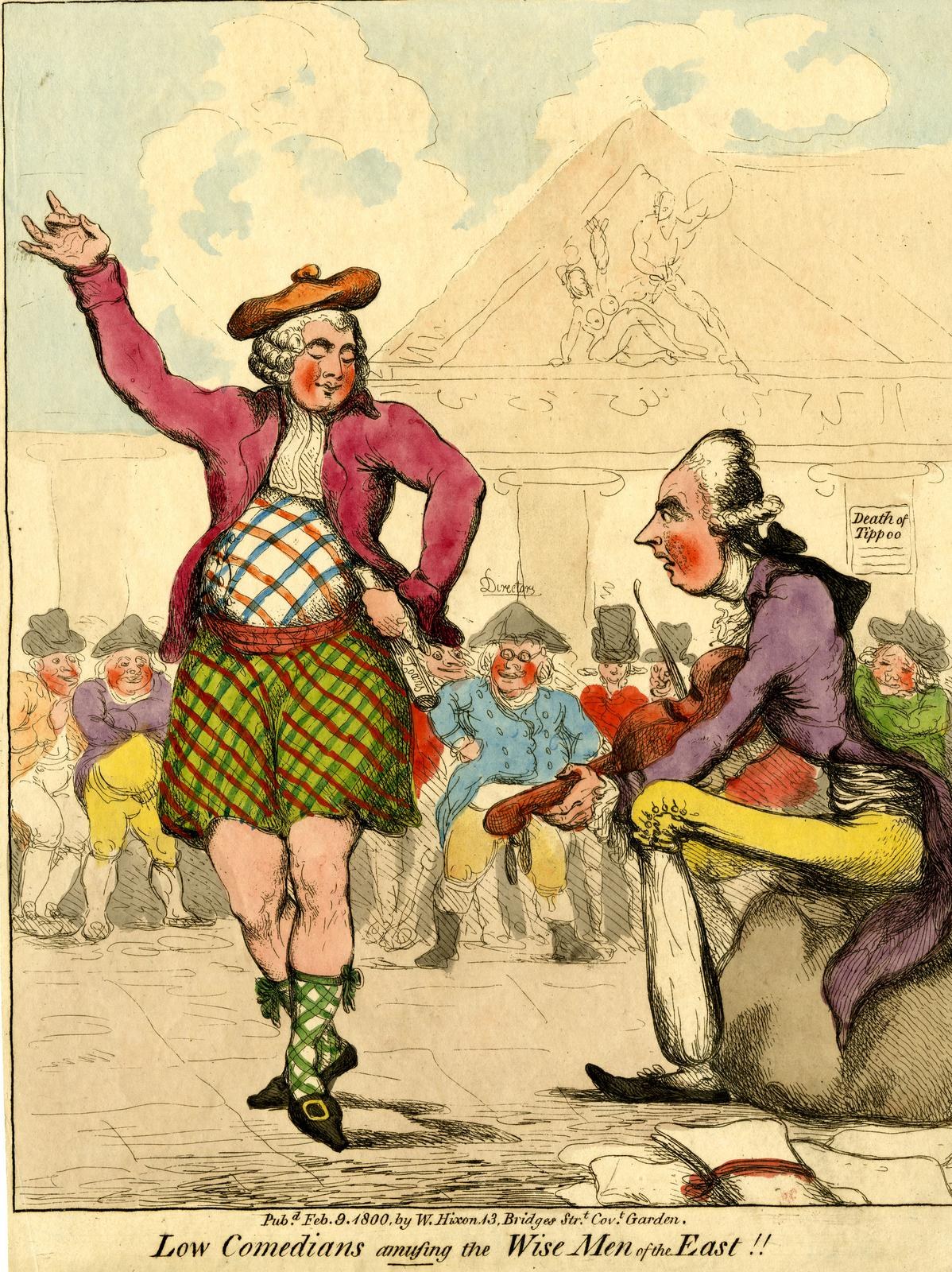 Cartoon eines Mannes in einem Kilt und einer Frau in einem Kleid, die vor einem Publikum auf einer Bühne stehen, mit einem Gebäude im Hintergrund und Wolken am Himmel, mit dem Text 'Niedrige Komiker amüsieren die weisen Männer des Ostens' unten.