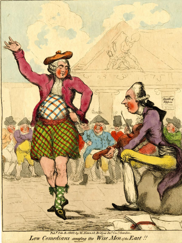 Cartoon eines Mannes in einem Kilt und einer Frau in einem Kleid, die vor einem Publikum auf einer Bühne stehen, mit einem Gebäude im Hintergrund und Wolken am Himmel, mit dem Text 'Niedrige Komiker amüsieren die weisen Männer des Ostens' unten.