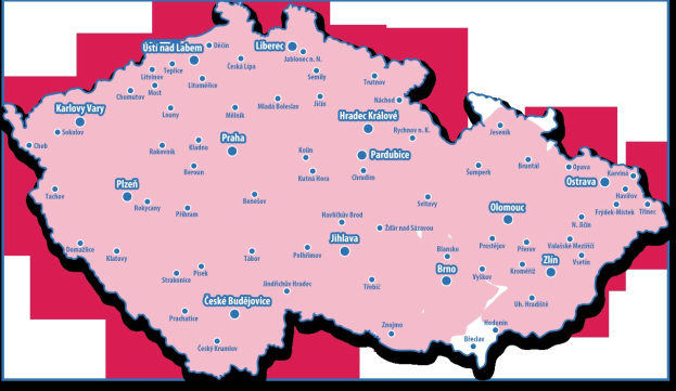 Eine farbenfrohe Karte der Tschechischen Republik, die wichtige Städte, Hauptstädte und beliebte Touristenattraktionen hervorhebt.