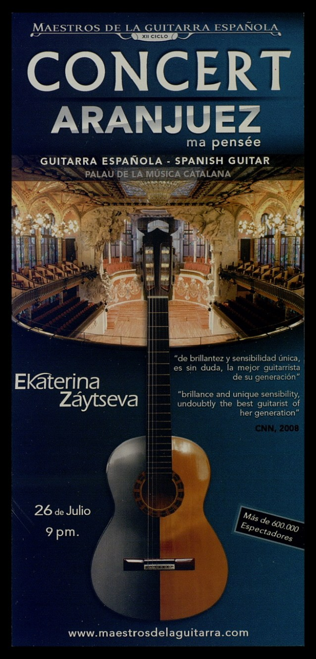 Ein Konzertplakat für Aranjuez, Spanien, mit einem zentralen Gitarrenbild und Text, der die Veranstaltungsdetails bereitstellt.