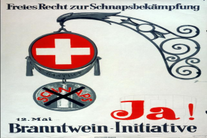 Plakat mit rotem Kreuzsymbol und der Schrift "Jä Brantwein-Initiative" in fetter schwarzer Schrift, wahrscheinlich für eine Schweizer Rotes Kreuz-Initiative.