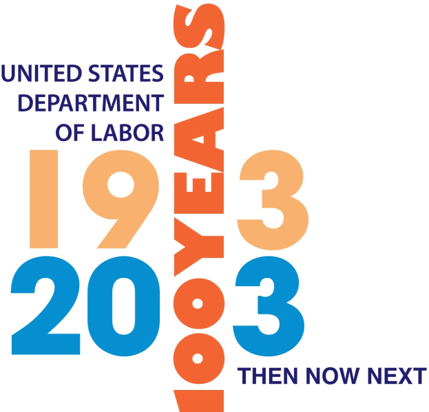 Das Bild zeigt das Logo des US-Arbeitsministeriums - einen blauen Kreis mit einem weißen Stern in einem weißen Rand - gefolgt von dem Text "1933 dann jetzt nächsten" in fetter schwarzer Schrift.