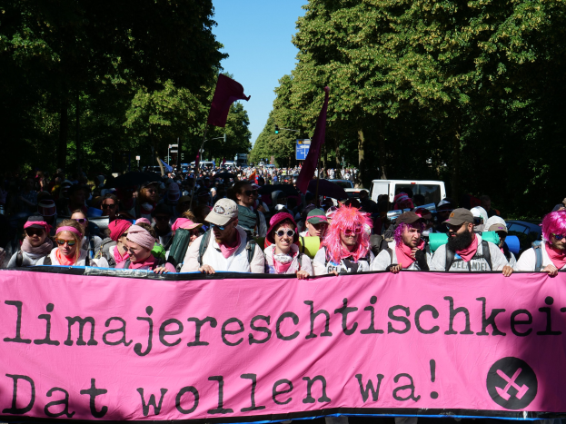 Eine Gruppe von Menschen marschiert die Straße entlang und hält ein pinkes Banner mit der Aufschrift "Women's March in Berlin", während einige eine Mütze und eine Schutzbrille tragen und andere Fahnen halten, vor dem Hintergrund von Bäumen, Fahrzeugen und Himmel.