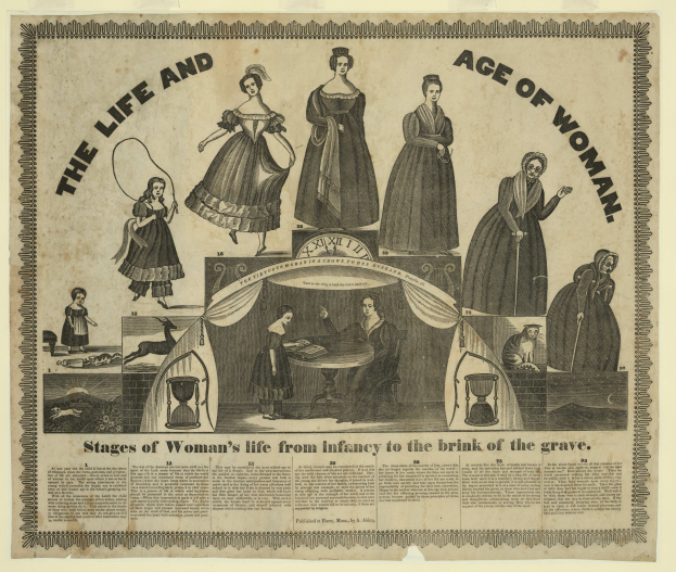 Eine farbenfrohe Papierreproduktion, die die Lebensphasen von Frauen von der Kindheit bis ins hohe Alter darstellt, mit fetter Schrift und detaillierten Elementen.