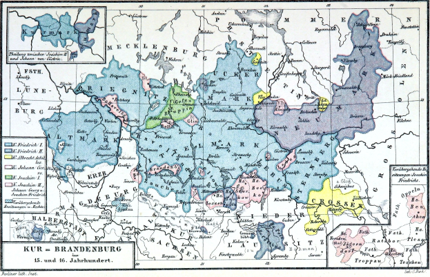 Detailierte Deutschlandkarte mit Brandenburg Provinz, Städten, Dörfern und geografischen Merkmalen; enthält Text mit Provinz- und Hauptstadtnamen.